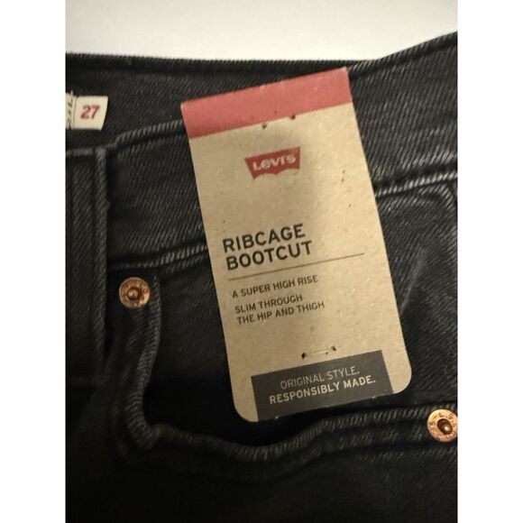 Levis Ribcage Bootcut Jeans Womens 27 Black High Rise 90s Button Fly Stretch - Picture 12 of 16